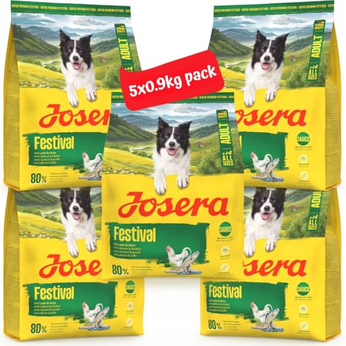 JOSERA Festival | 5X 900 g | Trockenfutter für wählerische Hunde | Adult | Lachs & Huhn | Glutenfreies Premiumfutter mit leckerem Soßenmantel - auch eingeweicht nass zu füttern | energiereich