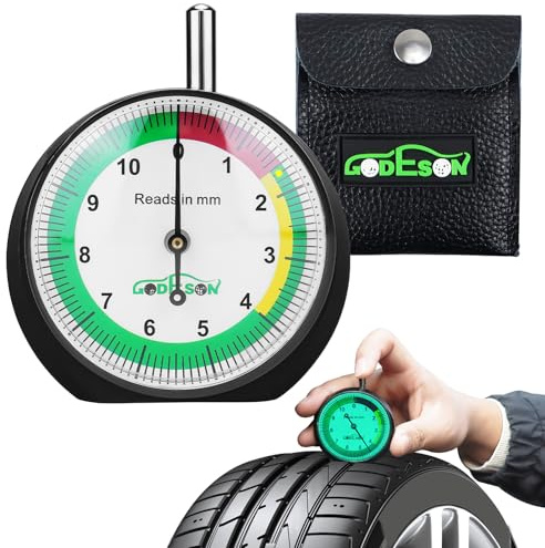 GODESON Glow in The Dark Tyre Tread Depth Gauge UK,0-11MM Dial Tyre Depth Gauge UK,Professional Tire Gauges with Color Warning Value Display for Car with Pouch