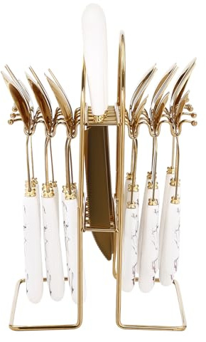 24-Piece Cutlery Set with Stand Holder, Knife and Fork Sets for 6 People, Utensil Set with Storage Rack, Forks Tea Spoons, Suitable for Home, Kitchen, Restaurant, Catering (White)