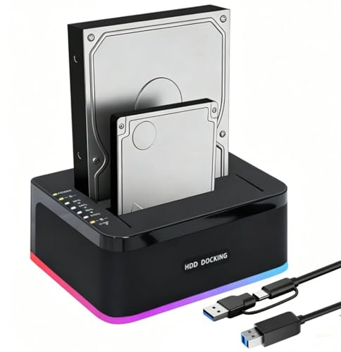Festplatten Dockingstation Dualschacht, RGB USB 3.0 SATA HDD/SSD Docking Station mit Festplatte Klonen Clone Station 2 x 20TB Dual Bay für 2,5/3,5 Zoll SATA HDDs/SSDs