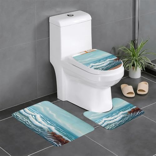 Rutschfeste Fußmatten für Badezimmer, 61 x 40,6 cm, HJFCZH das Meer auf der Staffelei, Druckkontur, ovale und rechteckige Teppiche für WC, Waschtisch und Toiletten, 3 Stück