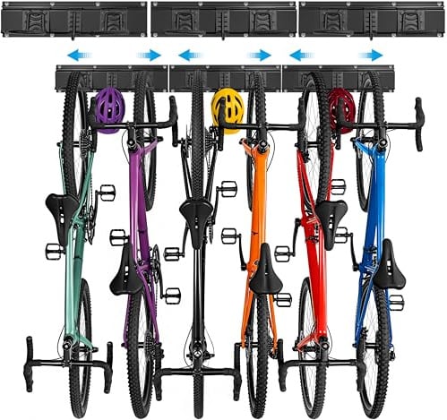 OUUTMEE Bike Storage Rack, Adjustable Wall-mounted Bike Rack | 32 Inch for 4 Bikes + 2 Helmets Up to 300lbs, Heavy Duty Bicycle Hangers Hooks for Garage, Home, Black