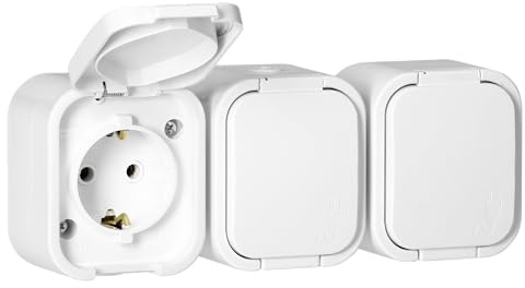 Miratic Dreifache Spritzwassergeschützte Aufputzsteckdose 3fach mit Klappe IP54 16A Schuko Typ F Feuchtraum Steckdose Aufputz (Weiß)