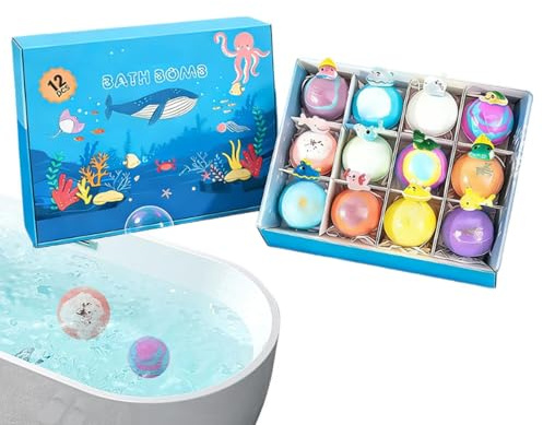 Badesalzkugel-Set – -Badekugeln | Kinderspielzeug Baden Schaumbad Bälle | 12 Stück Meerestier-Design, Verpackt, Natürlicher Körperreiniger, Kohlensäurehaltiges Spa-Erlebnis Für Kinder, Entspannun
