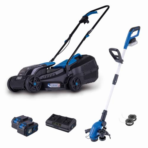 Scheppach Set Tondeuse à Gazon BC-MP320-X + Coupe-Bordures C-LT300-X | Série 20V IXES - largeur de coupe max 32 cm - 2 batteries 4Ah + chargeur double inclus