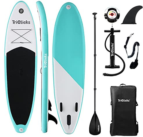 Triclicks SUP Board Aufblasbares Stand Up Paddle Board Paddling Board Surfboard mit Verstellbares Paddel, Handpumpe mit Druckmesser, Leash, Finner, Rucksack, 300 x 76 x 15cm (Stil 1)
