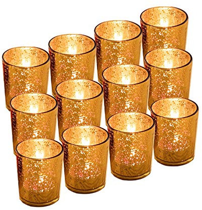 GUIFIER Juego de 12 Candelabros de Velas en Cristal Soporte para Portavelas para Velas LED de té Portavelas de Cristal Dorado 2,67 H Candelita Candelero Oro Vidrio Mercurio para Navidad Fiestas