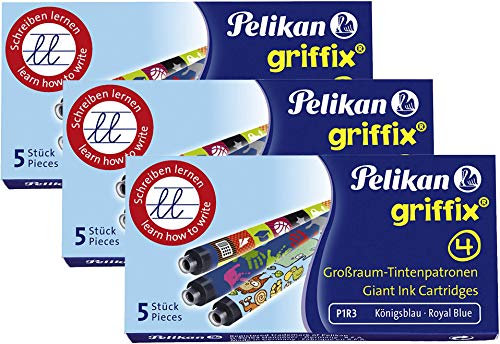 Pelikan P1R3 Griffix Refills Füllhalter 3 Faltschachteln mit je 5 Patronen, löschbar, blau (15er Packung)