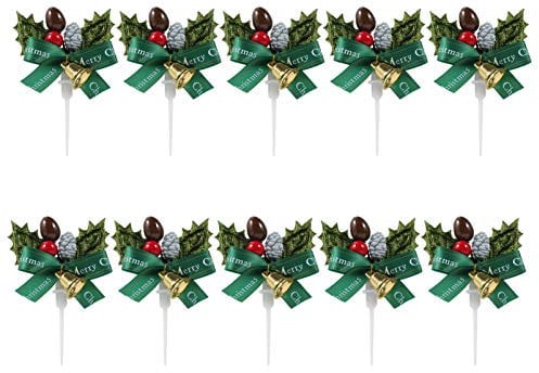 ABOOFAN 10pcs Holly Berry Cake Topper Picks with Bow and Leaves for Christmas Wreath Cake Cupcake Toppers Craft Wedding Party Decorations Green