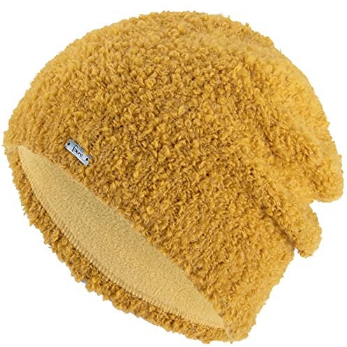 Faera weiche Mütze Damen Wintermütze gefüttert Grobstrick mit Fleece Futter Beanie Mütze Mädchen, Farbe:Senf