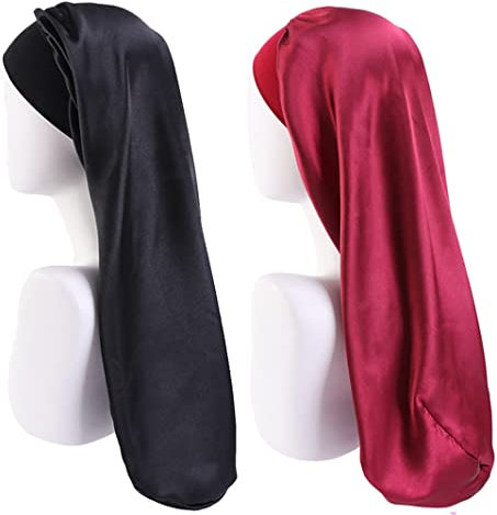 Lange Satin Schlafmütze,2 Stück Große Schlafmützen für Frauen,Lange Zöpfe Satin-Schlafmütze,Extra Große Schlafmütze mit Breites Elastisches Band,Weich und Bequem