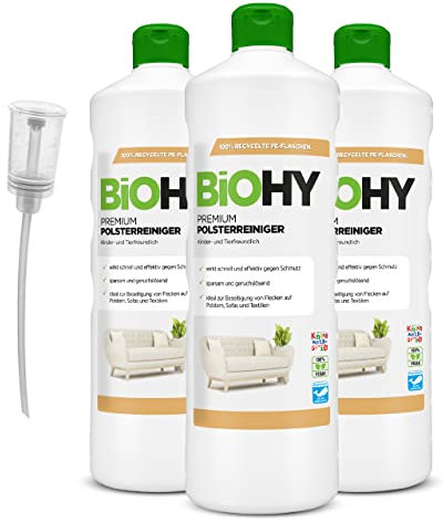BiOHY Premium Polsterreiniger (3 x 1 Liter) + Dosierer | Bio Konzentrat für Polstermöbel, Sofas, Teppiche & Textilien | für Nasssauger & andere Geräte geeignet | geruchslösender Fleckentferner
