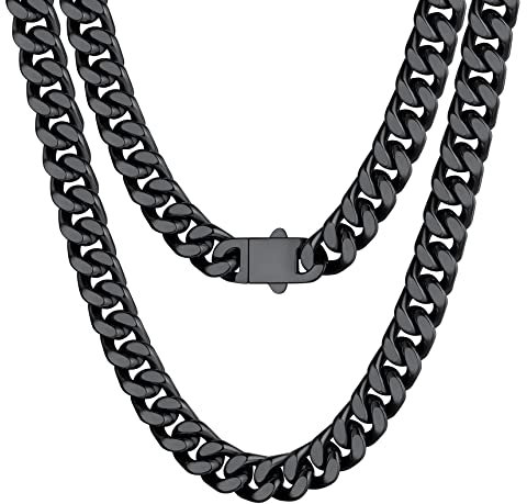 Bestyle Panzerkette Herren Edelstahl 12mm Männer Kette Rapper Teenager Cuban Links Chain Hip Hop Schmuck Kettenlänge 50cm Schwarz