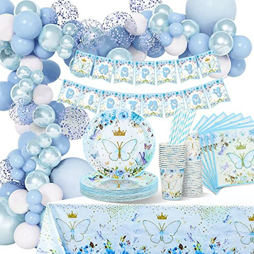 Schmetterling Geburtstagsdeko Mädchen, Schmetterling Partygeschirr Kindergeburtstag, Schmetterling Pappteller Set mit Luftballons Tischdecken Tassen Strohhalme Servietten für 16 Gäste