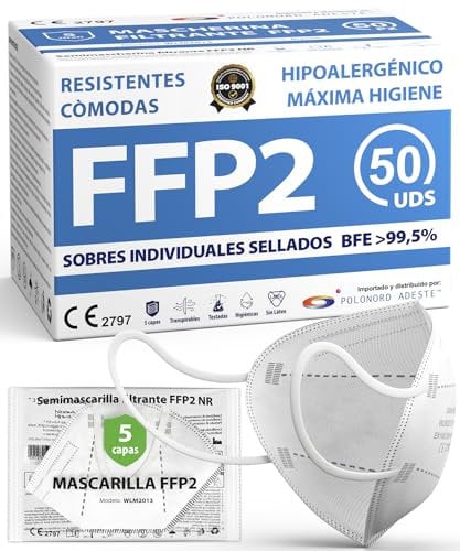 ADESTE - 50 Mascherine FFP2 Bianche Certificate CE, Filiera controllata, anallergiche, con elastici comodi e resistenti. Sicura: capacità filtrante >99,5%, Buste singole sigillate.