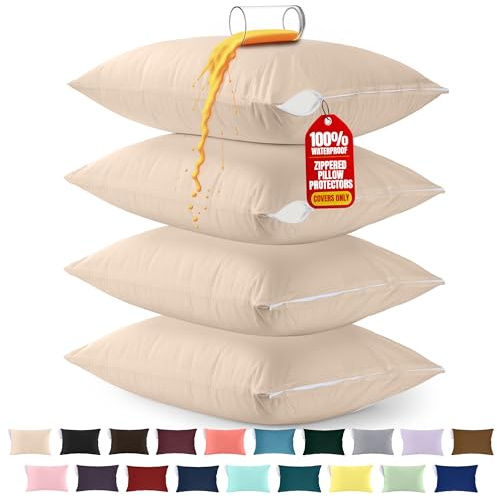 Utopia Bedding Waterproof Pillow Protectors with Zipper, Standard Size (Beige), Bed Bug Proof Pillowcases, Moisture Wicking Pillowcases, 20 x 26 Inch, 4 Pack