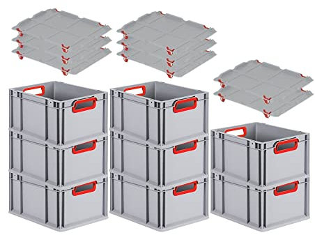 PROREGAL SuperSparSet 8x Eurobox NextGen Color mit Auflagedeckel & Schiebeschnappverschlüsse, HxBxT 22x30x40cm, 20L, Griffe rot offen, Glatter Boden, Eurobehälter Transportbox Transportbehälter