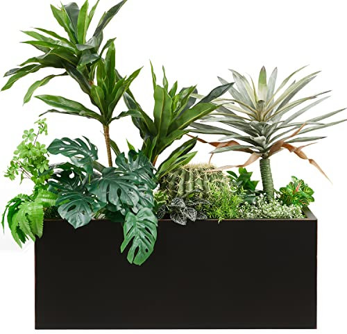 Wallowa Maceta metálica pesada larga y grande para exteriores/interiores, 38 pulgadas de largo x 15 pulgadas de ancho x 15 pulgadas de alto, 40 libras, color negro puro con borde dorado cepillado a