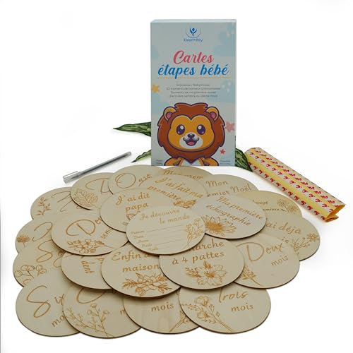 22 Cartes étapes Bébé Bois en Français-30 Moments de la grossesse à 1 an, Gravées Recto-Verso, Premières Fois, Cadeau Naissance Garcon/Fille/Cadeau Femme Enceinte/Futurs parents/Baby shower/Milestone