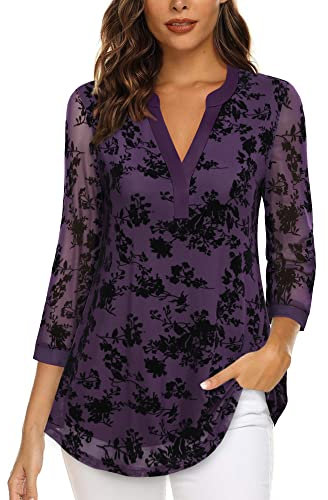 Vafoly Camiseta de manga 3/4 para mujer Henley con cuello en V, camisas de malla de doble capa, túnicas, Flocado Violeta Flores, XXL