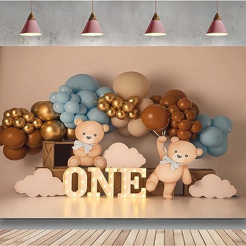 One Year Old Birthday Backdrop Toys Bear Golden Balloons Children Portrait Photography Background Kids Baby Shower Cake Smash Banner Balloon Newborn Baby Boy First Birthday Party Background (8X6FT)