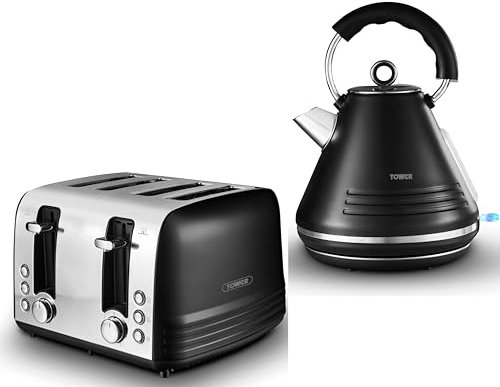 TOWER Ash Black 1.7L 3KW Pyramid Kettle & 4 Slice Toaster. Contemporary Matching Kettle & Toaster Set in Black