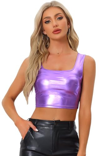 Allegra K Damen Metallic Crop Top Party Tanktop Ärmellos Glänzend Club Bauchfrei Oberteil Hell Lila L