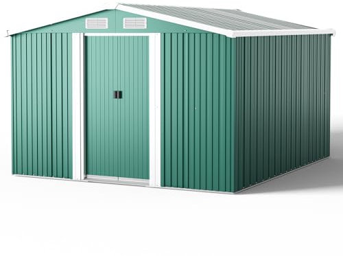 XEMQENER Large Metal Shed with Base, 10x8 FT Garden Shed with Lockable Door and Roof, Outdoor Storage House for Tools, Equipment, Bike, 257x312x178cm, Dark Green
