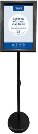Europel Porte-affiche Economy sur pied, cadre clipsable A4 noir 25mm, portrait ou paysage, hauteur réglable, Présentoir pour posters, enseignes, publicité, menu, boutique, hôtel, restaurant