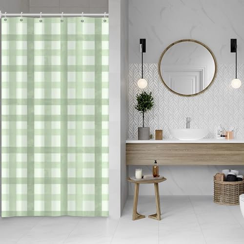 SDOTPMT 90x180cm Rideau de Douche Bohème Rétro Chic Rideau de Bain rayé Vert Blanc à Carreaux Rustic Farmhouse Classic Aesthetic Ensemble de Rideaux Salle de Bain en imperméable avec Crochets
