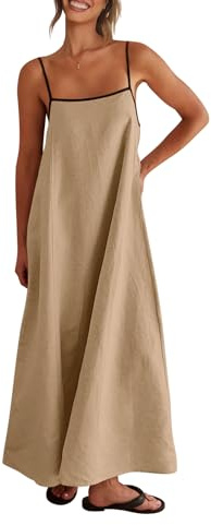 Shy Velvet Women's 2026 Summer Linen Maxi Dress Contrast Spaghetti Strap Dress Backless Casual Party Beach Dresses