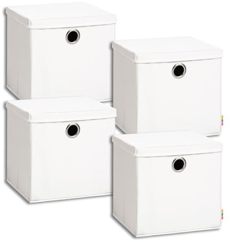 Storanda | 4er Set Aufbewahrungsbox 34x34x33 cm mit Deckel | Extra Große Griffe | Stabil & Faltbar | Regalbox für Würfelregal | Ideal für Zuhause & Kinderzimmer | Weiß