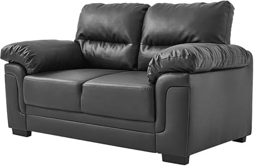 Panana Faux Leather Sofa, Pillow Arms, Cushion Back, 2 Seater or 3 Seater, Black or Beige (Black, 2 Seater)