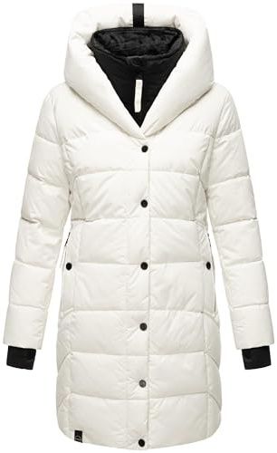 Navahoo Damen Wintermantel warmer Steppmantel lang mit Kapuze und abnehmbarem Fleece-Kragen Knutschilein Off White Gr. M