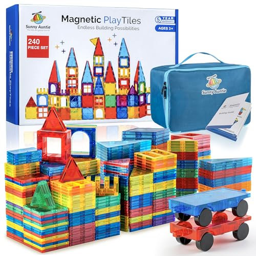 SUNNY AUNTIE Magnetic Tiles 240 PCS+ Bonus Zippered CASE, Magnetic Tiles for Kids Age 3+, Toy for Boys & Girls, Great Gift for Kids Aged 3-8, XL SET