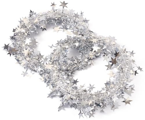 Magibeads Stern-Lametta-Girlanden mit Draht, silberfarben, Weihnachtsstern-Draht-Lametta-Girlanden, Glitzer, Weihnachtsbaum-Hängedekorationen für Party, Urlaub, Hochzeit, Geburtstag, Baum, Wandschiene