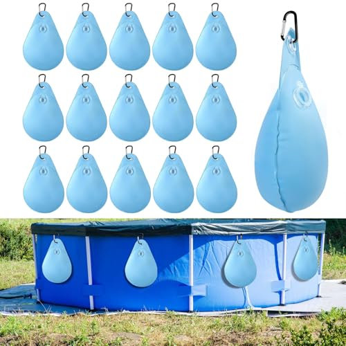 16 PCS Pool Water Bags with Hooks, Pool Cover Weight Bags Hanging Bags Pool Water Bags, Heavy Duty Swimming Pool Closing Water Bags, Winter Pool Cover Water Bag for Above Ground - Light Blue