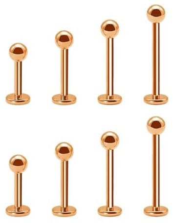 Jewel Barrel 8pcs Labret Piercing Jewellery Bars Lip Studs for Tragus, Helix, Monroe, Flat Back Earrings | 16G Surgical Steel for Men & Women | 6mm, 8mm, 10mm, 12mm Length with Ball (Rose Gold)