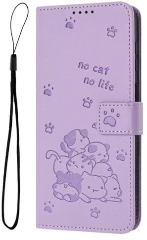 For Samsung Galaxy S22 Wallet Case Cover with Protector Card Holder Stand Flip Folio Embossed Cat Flowers Shockproof Leather Wallet Phone Cases for Samsung Galaxy S22, Purple