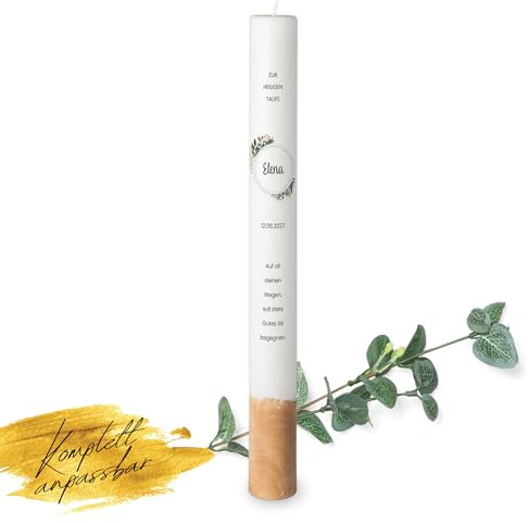 MOMENTU® Taufkerze personalisiert Holzelement Blätterprint Ø4 x 40 cm - [Docht und Olivenholzelement] Taufgeschenk für Jungen und Mädchen, grün, modern, greenery, selber machen, selber gestalten