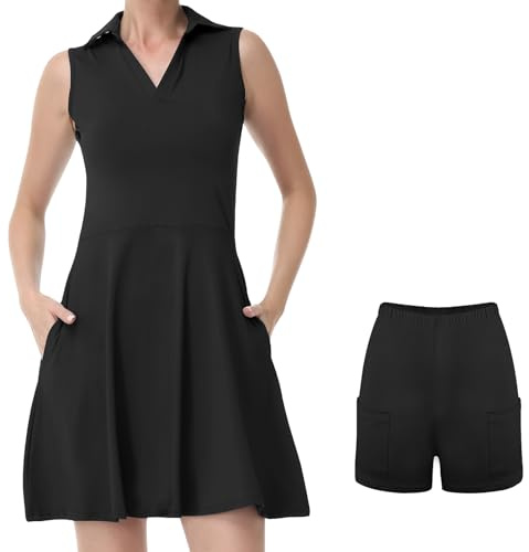 Bezioner Tenniskleid Damen mit Shorts A-Linie Sportkleid Frauen Ärmellos Golfkleid Damen mit 4 Taschen Tennis Outfit