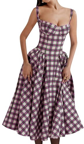 EFOFEI Femmes Vintage Corset Robe D'Été Rétro Soirée Danse Robes Palais Style Robe D'Été Plaid Rose Rouge XL
