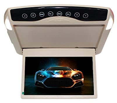 YQVEOT Fernseher Auto, 1080P 10,1/12,1-Zoll-Auto-Monitor Flip Down TFT LCD Auto-Dachmontage-Monitore mit MP5-Player USB TF Auto-Decken-Monitor(10.1 inch beige)