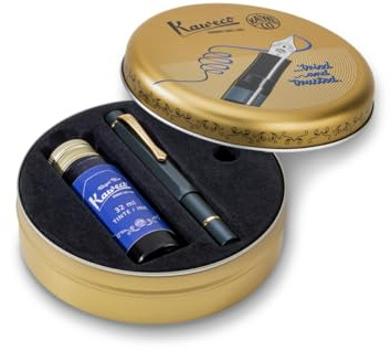 Kaweco PISTON SPORT AL Navy/Gold Starter Set I Classic 13 cm Aluminium Fountain Pen with Steel Nib in Nostalgic Box I Including 32 ml Ink Bottle in Royal Blue I Nib: M (Medium)