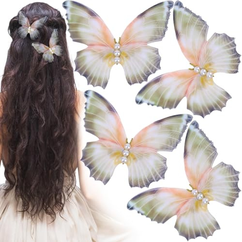 Alpinleux 4 Pcs Green Butterfly Clips, 3D Moving Wings Butterfly Hair Clips, Pearl Strong Hold Butterflies Hair Accessories, Fairy Hair Accessories for Women (Large)