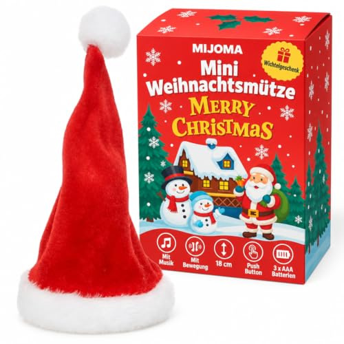 MIJOMA Mini Weihnachtsmütze mit Musik & Bewegung – Deko-Mütze ca. 18 cm – spielt Jingle Bells – wackelnder Zipfel – batteriebetrieben – originelle Tischdeko