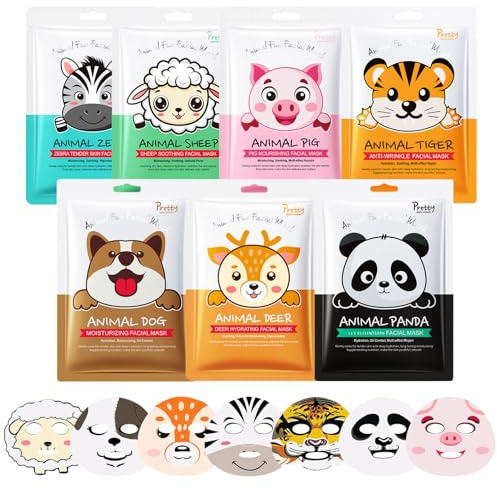 7 Stück Tiermotiv Gesichtsmaske kinder & Frauen, Tuchmasken Gesicht Set | Gesichtsmasken Set für Beruhigend & Nähren, Feuchtigkeitsmaske Gesicht für Alle Haut, Teenager Mädchen Geschenke, Spa Party