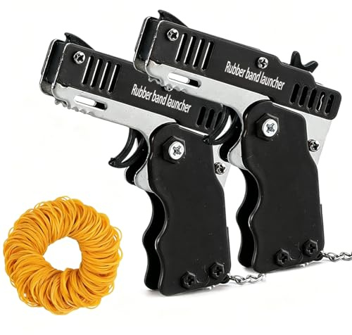 QKUDNGHY 2pcs Rubber Band Launcher Toy Keychain Mini Metal Folding Rubber Launcher Toy Elastic Rubber Bands for Game Outdoor Activities (2pcs Black)