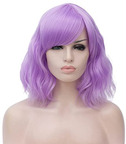 ATAYOU Kurze Violette Bob Perücke Damen Lila gelockt gewellt Halloween Cosplay Purple Perücke Kurze Synthetik Party Perücke