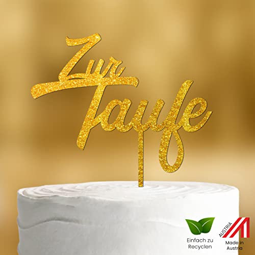 Cake Topper zur Taufe zweizeilig [langer Spieß] für die Tauftorte - Gold Glitzer 3mm - Tortendeko Taufe Mädchen, Cake Topper Mädchen, Tortendeko Junge, Tortendeko Taufe Jungen, Torten Topper